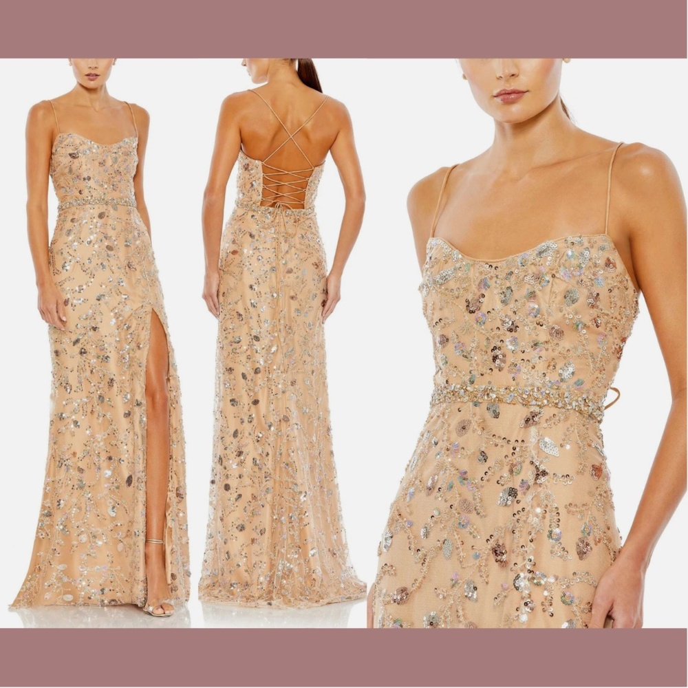 NWT $498 Mac Duggal [ 12 ] Embellished Sleeveless Lace Up‎ Back Gown Nude Tan